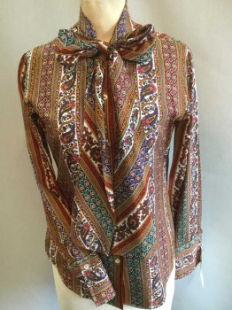 PUCCI, Goldenrod Yellow, Green, Wine Red, Pink, Ecru, Polyester, Paisley/Swirls, Geometric, Collar Attached, W/self Neck Tie, Button Front, Long Sleeves,