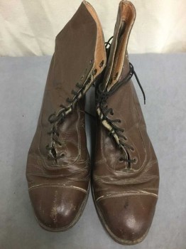 N/L, Brown, Leather, Solid, Ankle Boot, Cap Toe, Lace Up, 1" Heel  **Scuffed a Bit Throughout