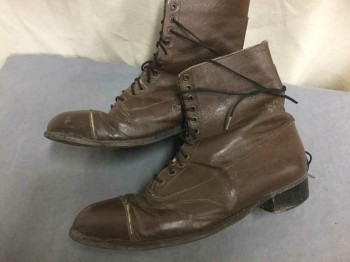 Womens, Boots 1890s-1910s, N/L, Brown, Leather, Solid, 8.5, Ankle Boot, Cap Toe, Lace Up, 1" Heel  **Scuffed a Bit Throughout