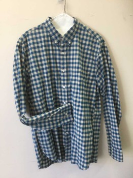 J CREW, Teal Blue, Khaki Brown, Cotton, Gingham, Long Sleeves, Button Front, 1 Pocket, Button Down Collar