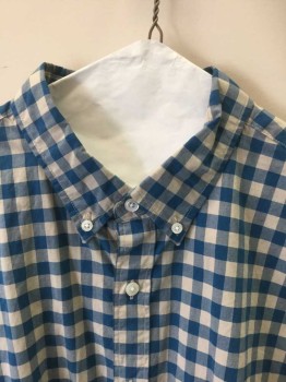 J CREW, Teal Blue, Khaki Brown, Cotton, Gingham, Long Sleeves, Button Front, 1 Pocket, Button Down Collar