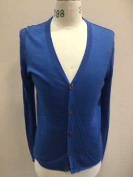 Mens, Cardigan Sweater, ARMOND DIRADOURIAN, Blue, Silk, Cashmere, Solid, S, Knit, V-neck, 5 Brown Shell Buttons