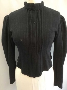 N/L, Charcoal Gray, Gray, Wool, Stripes - Pin, Long Sleeve Button Front, Stand Collar, Pleated At Center Front Button Placket, Puffy Sleeves Gathered At Shoulders, Pleated Vent Detail At Center Back Hem, Made To Order  ** 1/2" Hole At Center Front Bust,