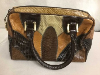 Womens, Purse, VARON, Brown, Goldenrod Yellow, Tan Brown, Beige, Snakeskin/Reptile, Reptile/Snakeskin, Patchwork, Patchwork Brown, Goldenrod, Tan and Beige Snakeskin, Brown Snakeskin Handles, Zip Closures Gold Square Buckle Detail at Handles,