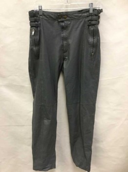 J PARK, Gray, Leather, Solid, High Waisted, Zip Fly, 3 Self 1" Wide Straps at Sides with Metal Buckles, 2 Zip Pockets at Sides, Straight Leg,