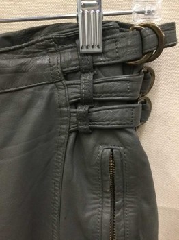 J PARK, Gray, Leather, Solid, High Waisted, Zip Fly, 3 Self 1" Wide Straps at Sides with Metal Buckles, 2 Zip Pockets at Sides, Straight Leg,
