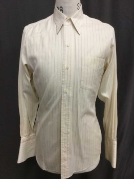 Mens, Dress Shirt, PAUL CHANG , Cream, Lt Blue, Navy Blue, Cotton, Stripes - Pin, Stripes - Vertical , 33/34 , 15 N, Long Sleeve Button Front, Collar Attached, French Cuffs, 1 Pocket, Made To Order Reproduction