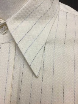 Mens, Dress Shirt, PAUL CHANG , Cream, Lt Blue, Navy Blue, Cotton, Stripes - Pin, Stripes - Vertical , 33/34 , 15 N, Long Sleeve Button Front, Collar Attached, French Cuffs, 1 Pocket, Made To Order Reproduction