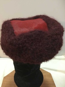 Womens, Hat, MTO, Red Burgundy, Wine Red, Wool, Fur, Solid, Beret, Boucle Knit Surrounding Pony Fur Square Topper.  Unstructured, Double