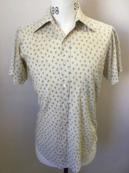 BULLOCKS, Tan Brown, Teal Blue, Brown, Cotton, Polyester, Floral, Collar Attached, Button Front, 1 Pocket, Short Sleeves, Uneven Hem