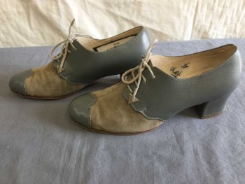 Womens, Shoes, STEPPIN OUT, Gray, Beige, Leather, Suede, Color Blocking, 7, Medium Covered Chunk Heel, Lace Up, Cap Toe,