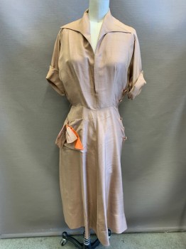 Womens, Dress, N/L, Lt Brown, Orange, Silk, Solid, W 24, B 36, Pointy Collar, V-neck, Short Sleeves with Split Cuffs, 1 Hip Pocket with Bow with Orange Back, Side Zip with Faux Buttons and Orange Button Holes, Hem Below Knee, Smocked Back Waist, Shoulder Burn See Detail Photo,