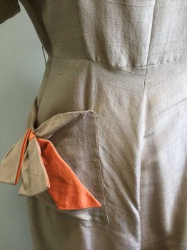 Womens, Dress, N/L, Lt Brown, Orange, Silk, Solid, W 24, B 36, Pointy Collar, V-neck, Short Sleeves with Split Cuffs, 1 Hip Pocket with Bow with Orange Back, Side Zip with Faux Buttons and Orange Button Holes, Hem Below Knee, Smocked Back Waist, Shoulder Burn See Detail Photo,