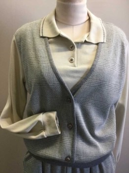 Womens, 1980s Vintage, Piece 1, ALFRED DUNNER, Ecru, Gray, Aqua Blue, Polyester, Solid, Plaid, S, Leisure Knit Pullover, Long Sleeves, Button Front Vest Over Polo Look, Rib Knit Collar/ Cuffs/ Waistband,
