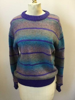 FANTASTIC, Purple, Pink, Aqua Blue, Lt Brown, Acrylic, Wool, Stripes, Ombre, Solid Purple Ribbed Knit Crew Neck/Cuff/Waistband, Ombre Stripes with Solid Purple Stripes, Long Sleeves
