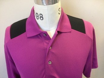 PGA TOUR AIRFLUX, Fuchsia Pink, Black, Polyester, Solid, Color Blocking, Fuschia Pink with Black Panel at Shoulder & Side Wedge, Collar Attached, 3 Button Front, Short Sleeves,