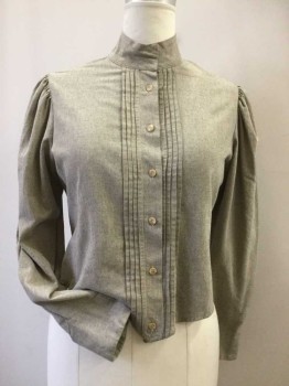 N/L, Beige, Lt Gray, Cotton, Polyester, Heathered, Stand Collar, Button Front, Pleated Bib, Long Sleeves with Pleats at Shoulders and Cuffs, "kick" Pleat Center Back Bustle,