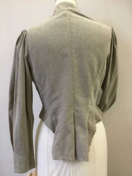 N/L, Beige, Lt Gray, Cotton, Polyester, Heathered, Stand Collar, Button Front, Pleated Bib, Long Sleeves with Pleats at Shoulders and Cuffs, "kick" Pleat Center Back Bustle,