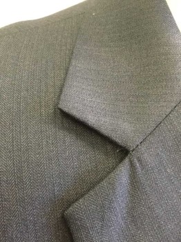 Mens, Suit, Jacket, BARONI, Dk Gray, Polyester, Viscose, Herringbone, 38R, Self Herringbone Stripe Texture, Single Breasted, Notched Lapel, 2 Buttons, 3 Pockets, Lining is White with Black and Gray Paisley