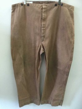 N/L, Lt Brown, Cotton, Solid, Twill, Button Fly, Black Suspender Buttons at Outside Waist, No Pockets, Made To Order Reproduction "Old West" Wear **Has Dirt Stains
