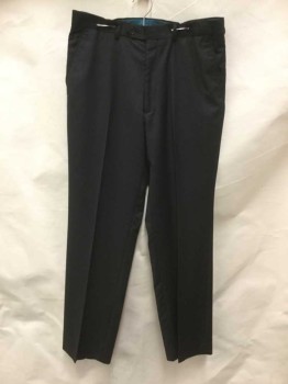 Mens, Slacks, FERRECCI, Black, Wool, Solid, 32, 34, Black, Turquoise Inside Waistband, Flat Front, Zip Front, 1 Black Button at Waistband Front Center