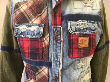 Mens, Jean Jacket, HERITAGE AMERICA, Lt Blue, Olive Green, Red, Black, Cotton, Solid, Plaid, M, Wow, What a Jacket, Faded Denim, Red and Black Plaid, Olive Twill, Brown/Tan/Red Plaid, Blue Female Velcro, Different Types of It's Own Name Labels, Mended Holes, Everything You Could Ever Want is on This Beauty