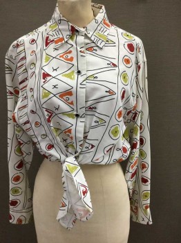 Womens, Shirt, TIMES 7 TODD OLDHAM, White, Black, Lime Green, Red, Orange, Rayon, Abstract , Geometric, Long Sleeve Button Front, Cropped W/Self Ties At Waist, Collar Attached,  Silver + Black Buttons,