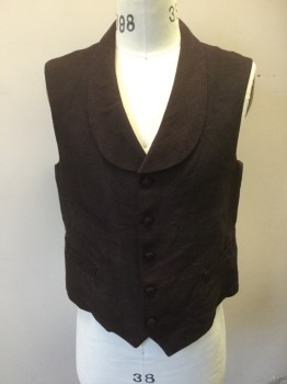 Mens, Historical Fiction Vest, N/L MTO, Red Burgundy, Gray, Wool, Silk, Geometric, 40, Burgundy with Gray Diamonds Pattern Brocade, Shawl Lapel, 5 Fabric Covered Buttons at Front, 2 Welt Pockets, Burgundy/Gray Changeable Self Pinstripe Lining and Back, Aged/Worn Slightly Throughout, Made To Order Victorian Reproduction