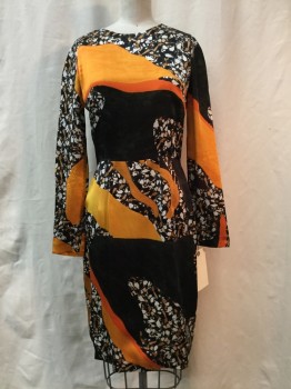 Womens, Dress, Long & 3/4 Sleeve, ACNE STUDIOS, Orange, Black, Olive Green, White, Beige, Silk, Viscose, Abstract , W:26, B:32, Satin, Round Neck, Long Sleeves, Knee Length, Invisible Zipper in Back