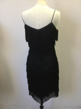 N/L, Black, Rayon, Polyester, Rayon Tassle Flapper Dress with Spaghetti  Straps. Rhinestone Trim Neckline Front,