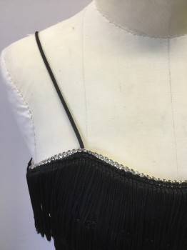 N/L, Black, Rayon, Polyester, Rayon Tassle Flapper Dress with Spaghetti  Straps. Rhinestone Trim Neckline Front,
