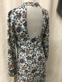 Womens, Dress, Long & 3/4 Sleeve, ZARA, Cream, Teal Blue, Red Burgundy, Navy Blue, Turquoise Blue, Polyester, Floral, XS, Collar Band, Open Back, Back Zip, Mini Dress