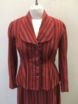 N/L, Red, Purple, Rust Orange, Black, Cotton, Stripes, Fitted Through Waist, Wide Rounded Shawl Collar. 4 Button Single Breasted, Sleeves,