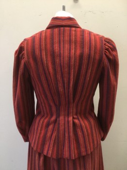 N/L, Red, Purple, Rust Orange, Black, Cotton, Stripes, Fitted Through Waist, Wide Rounded Shawl Collar. 4 Button Single Breasted, Sleeves,
