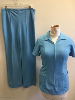 Unisex, 2 Piece Unisex, CREST CAREERS, Sky Blue, Polyester, Solid, 12, B:36, Collar Attached, Short Sleeves, Zip Front, Pockets