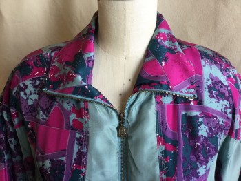 PETITE SOPHISTICATE, Sea Foam Green, Fuchsia Pink, Teal Green, Lavender Purple, Plum Purple, Silk, Acetate, Color Blocking, Abstract , Collar Attached, Solid Sea Foam Lining, Zip Front, 2 Pockets, Long Sleeves, Elastic Stretched-out Waistband