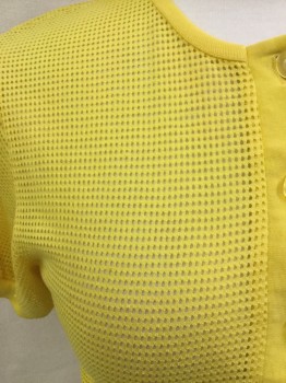 Womens, Top, HEAD, Mustard Yellow, Polyester, Fishnet, M, Mesh Netting, Short Sleeves, Button Front,