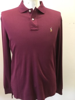 POLO, Maroon Red, Cotton, Solid, Collar Attached, Long Sleeves, 2 Button Neck, Polo Horse Logo
