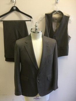 Mens, 1980s Vintage, Suit, Vest, CRICKETER, Tobacco Brown, Beige, Dk Brown, Blue, Wool, Stripes - Pin, 42, 5 Buttons, 2 Pockets,