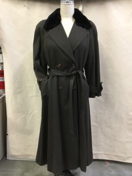 Womens, Coat, IRVING SAMUEL, Olive Green, Black, Wool, Synthetic, Heathered, B44, Heathered Whipcord Wool Coat with Faux Black Fur Collar, Double Breasted, with Self Belt, Padded Shoulders, Slight Discoloration at Shoulders. Slit Center Back,