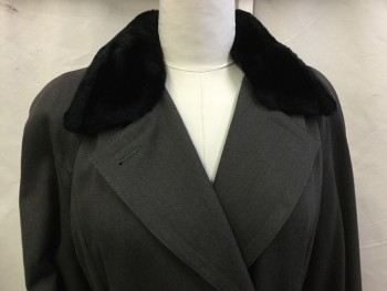 Womens, Coat, IRVING SAMUEL, Olive Green, Black, Wool, Synthetic, Heathered, B44, Heathered Whipcord Wool Coat with Faux Black Fur Collar, Double Breasted, with Self Belt, Padded Shoulders, Slight Discoloration at Shoulders. Slit Center Back,