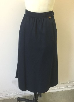 JORDACHE, Navy Blue, Wool, Solid, A-Line, Just Below Knee Length, 1" Waistband with Button Tab Closure, Gathered at Waist, 2 Side Pockets,