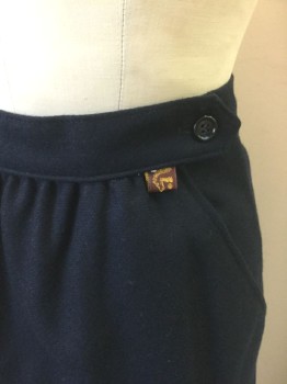 Womens, Skirt, JORDACHE, Navy Blue, Wool, Solid, W:26, A-Line, Just Below Knee Length, 1" Waistband with Button Tab Closure, Gathered at Waist, 2 Side Pockets,
