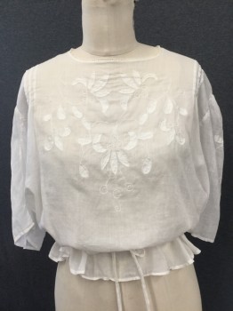 Fox 17, White, Cotton, Solid, Day Blouse Cotton Batiste, Crew Neck with Tiny Lace Trim, Self Appliqué Design at Front and Sleeves. 3/4 Sleeves. Button Closure Center Back, Tie at Waist Atatched at Back . Stain at Left Underarm Side,