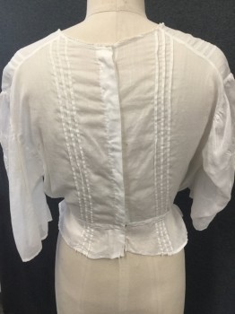 Fox 17, White, Cotton, Solid, Day Blouse Cotton Batiste, Crew Neck with Tiny Lace Trim, Self Appliqué Design at Front and Sleeves. 3/4 Sleeves. Button Closure Center Back, Tie at Waist Atatched at Back . Stain at Left Underarm Side,