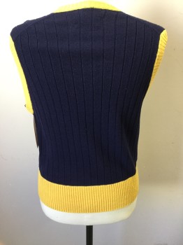 Mens, Vest, STANLEY BLACKER, Navy Blue, Yellow, Wool, Solid, L, Pull Over, V-neck, Wide Rib Knit, Ribbed Trim,