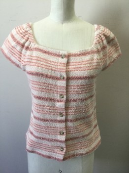 Womens, Top, TEXTURE & THREAD, Lt Pink, Peach Orange, Raspberry Pink, Pink, Cotton, Polyester, Stripes - Horizontal , S, Light Pink/White/Peach/Raspberry Horizontal Stripes, Bumpy Textured Woven, Cap Sleeve, Button Front, Square Neck