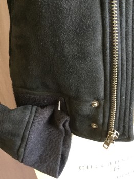 RALPH  LAUREN, Black, Suede, Solid, Black Fur Collar Attached, & Lining, , Zip Front, 2 Hidden Slant Pockets, Black Ribbed Knit Long Sleeves Cuffs & Hem