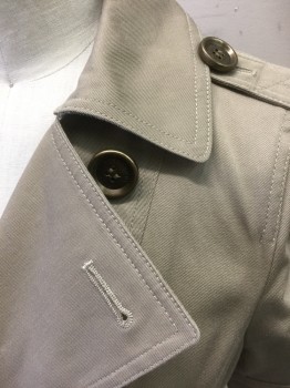 Womens, Dress, Short Sleeve, BURBERRY, Khaki Brown, Cotton, Polyester, Solid, W:26, B:32, Twill, Double Breasted with Gold Buttons, Puffy Short Sleeves, Collar Attached, Styled Like a Trench Coat, 2 Pockets, Epaulettes at Shoulders, Hem Above Knee,  Belt Loops, **2 Piece with Matching Fabric Sash BELT