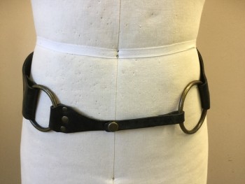 Unisex, Sci-Fi/Fantasy Belt, MARC BERNSTEIN, Black, Leather, Solid, M, Curved Leather Panels Front with 2 Sized Brass Rings, Smaller Leather Strap Tab Fold Back Snap Closure, Back Panel Stitches to Front Panels